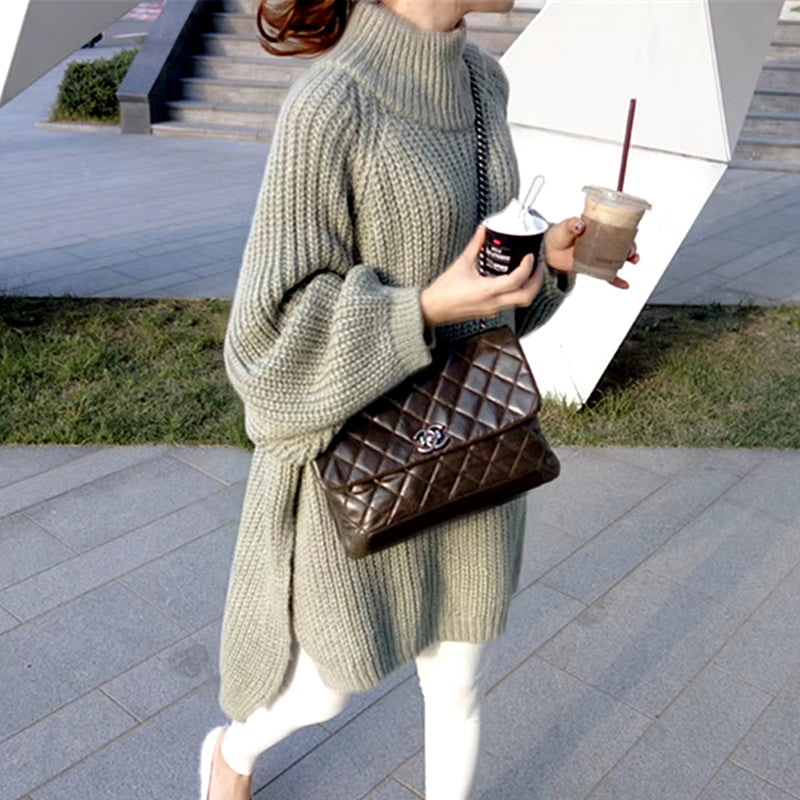 Autumn Winter Thick Long Sweater Women Lantern Sleeve Side Slit Half Turtleneck Sweaters Pullovers Oversized Pull Hiver Femme